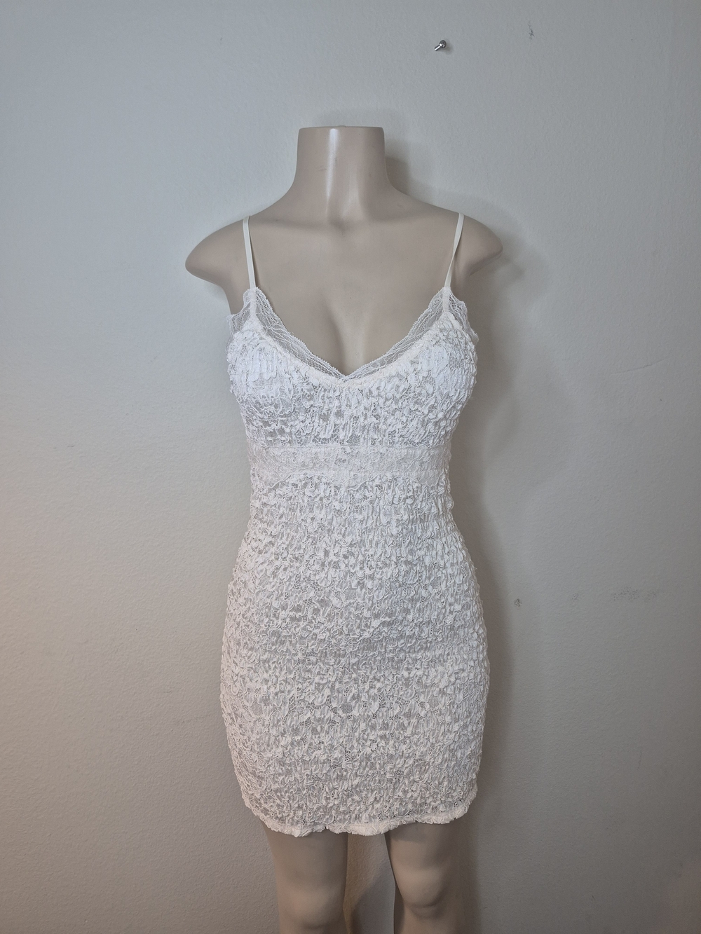 Zara White Lace Ruched Spaghetti Strap Mini Dress